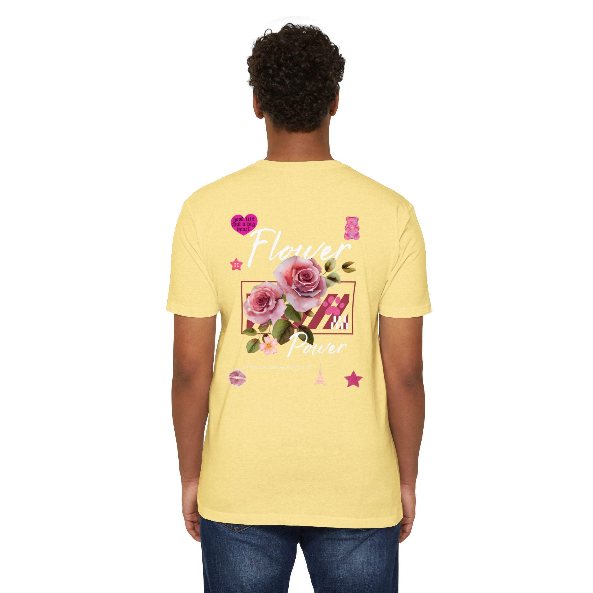 Flower Power T-Shirt — Floral Graphic Tee with Roses & 'Flower Power' Back Design