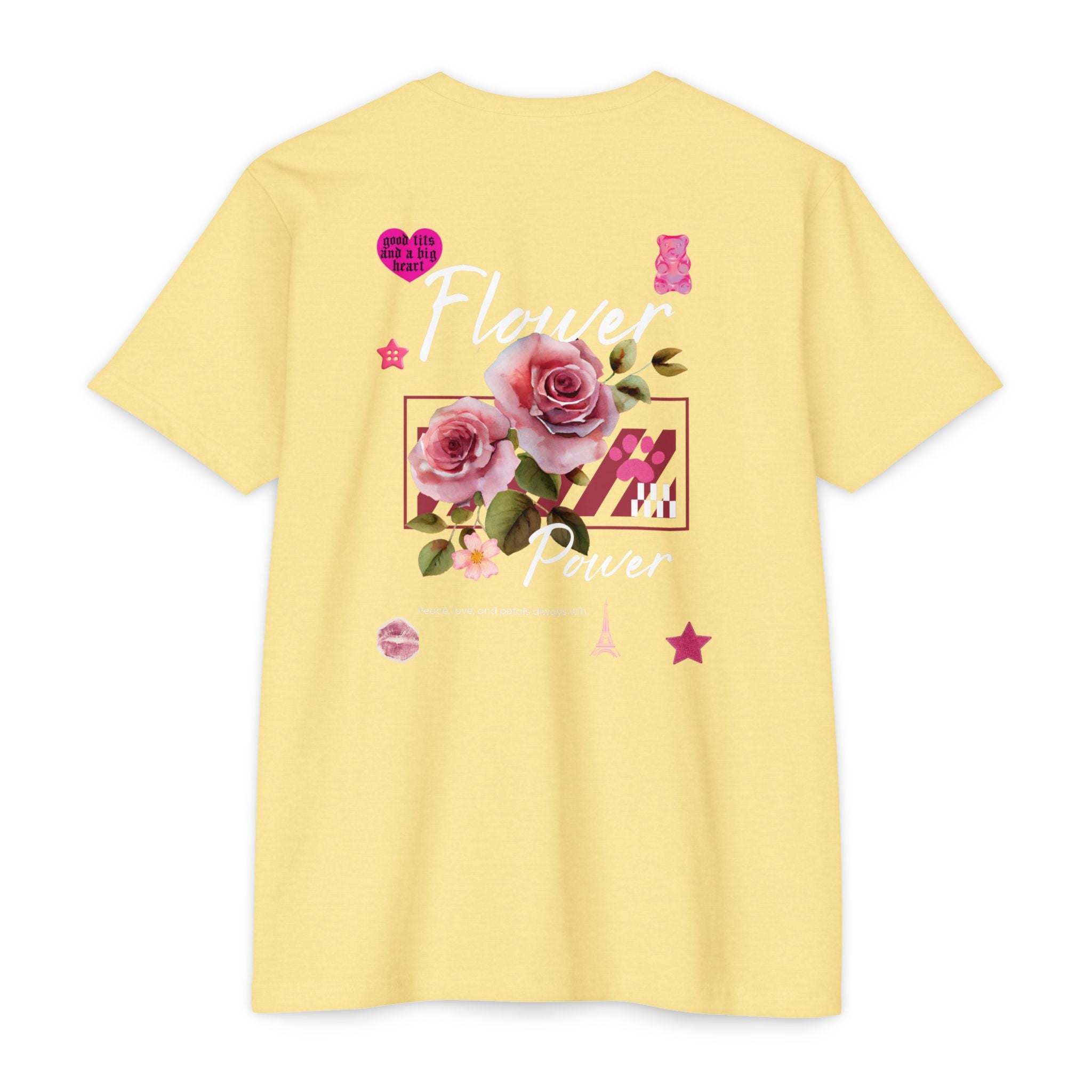 Flower Power T-Shirt — Floral Graphic Tee with Roses & 'Flower Power' Back Design