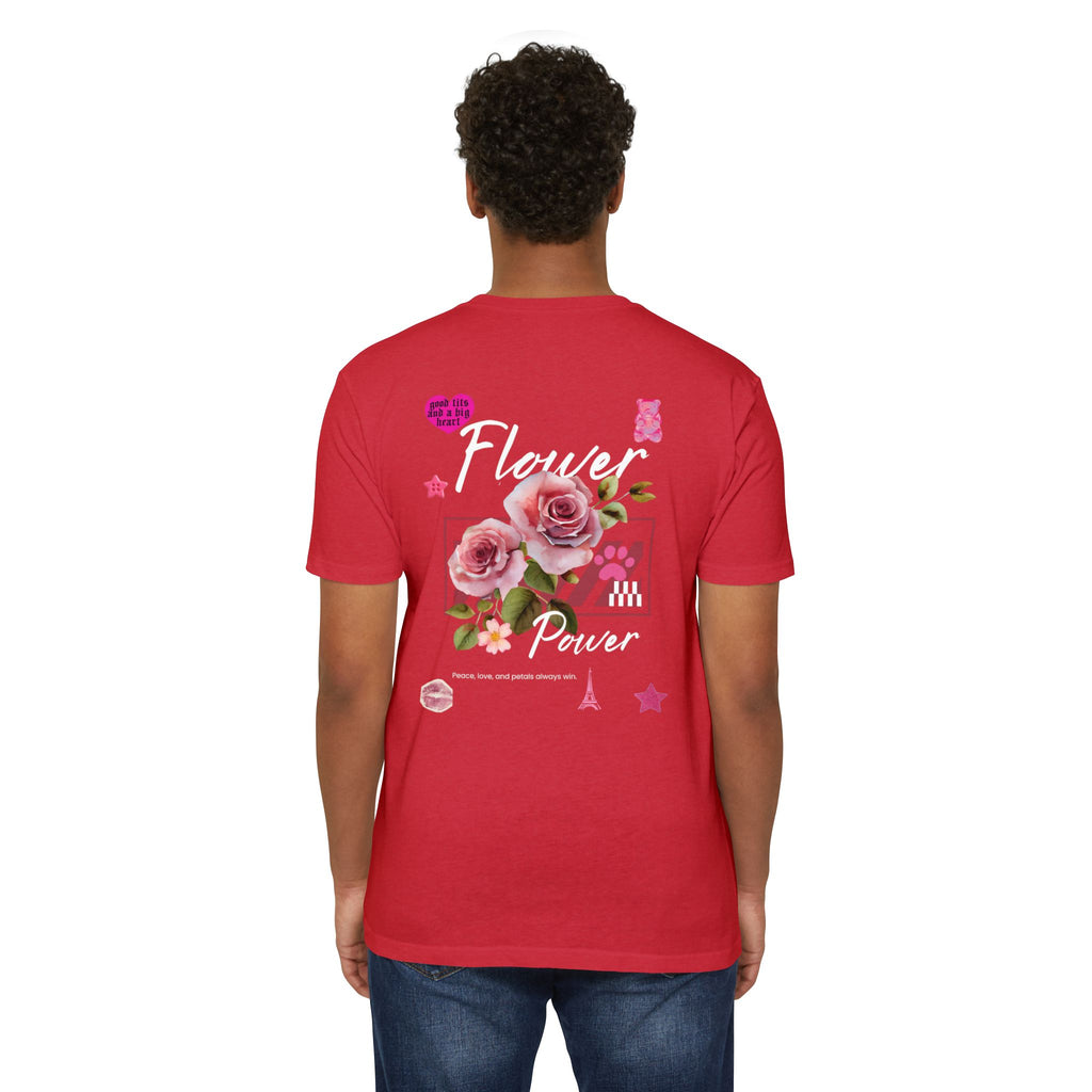 Flower Power T-Shirt — Floral Graphic Tee with Roses & 'Flower Power' Back Design