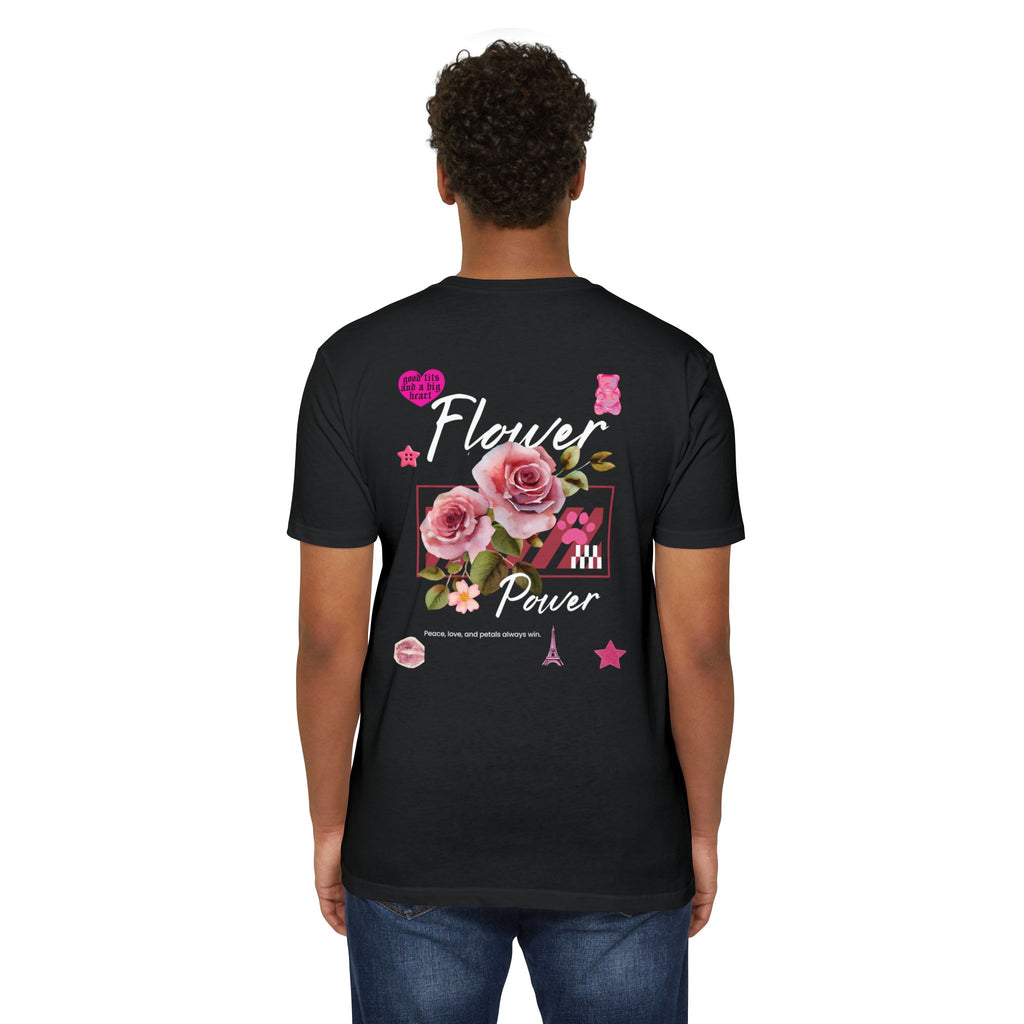 Flower Power T-Shirt — Floral Graphic Tee with Roses & 'Flower Power' Back Design