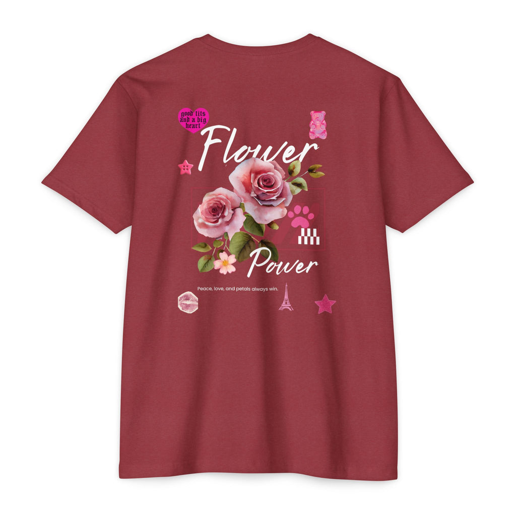 Flower Power T-Shirt — Floral Graphic Tee with Roses & 'Flower Power' Back Design