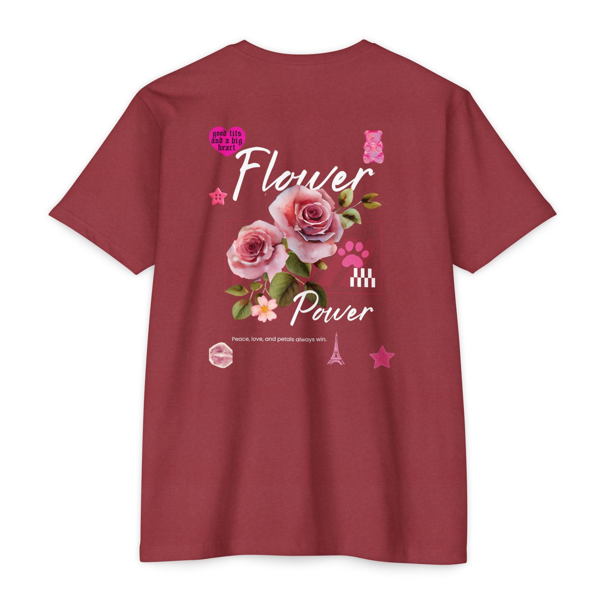 Flower Power T-Shirt — Floral Graphic Tee with Roses & 'Flower Power' Back Design