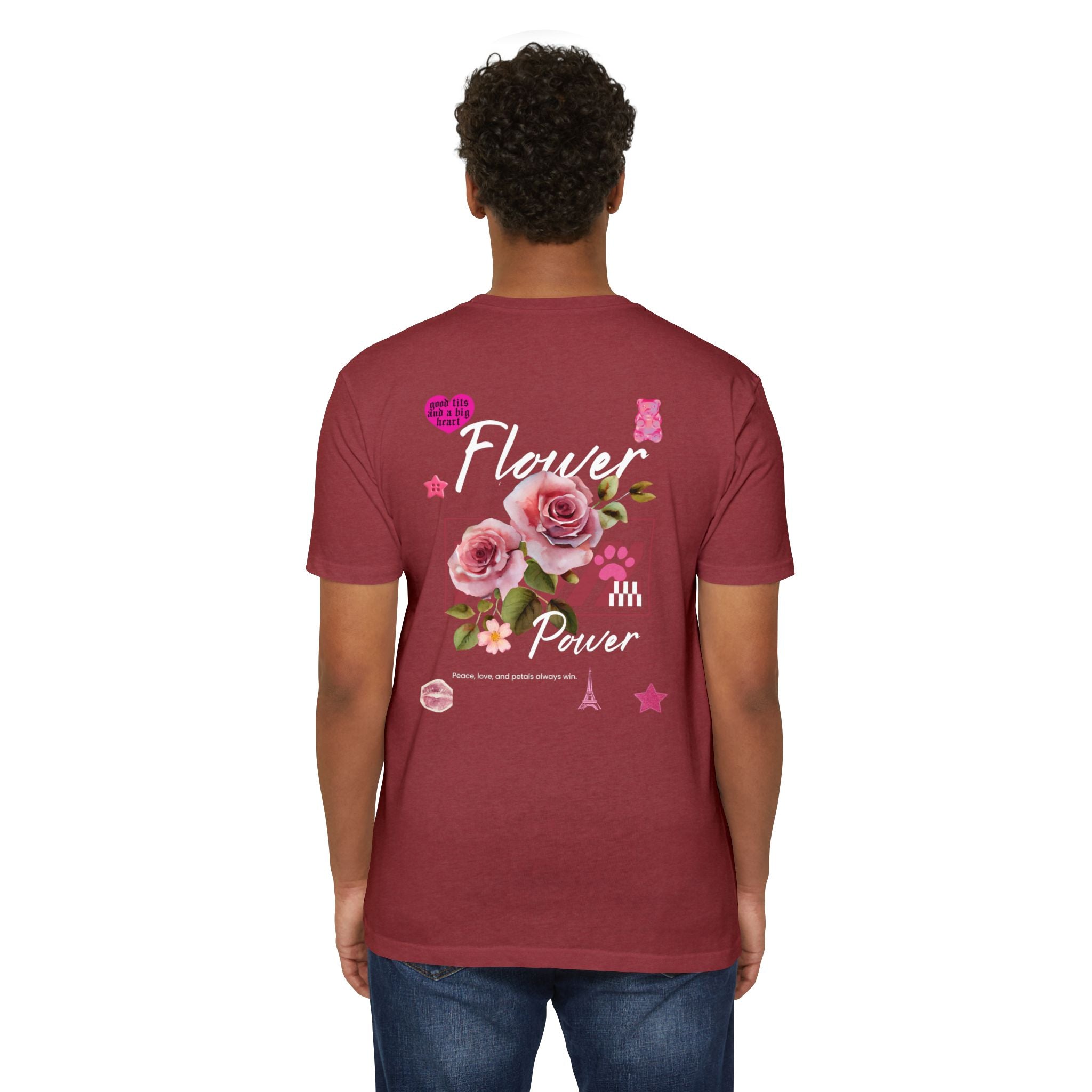 Flower Power T-Shirt — Floral Graphic Tee with Roses & 'Flower Power' Back Design