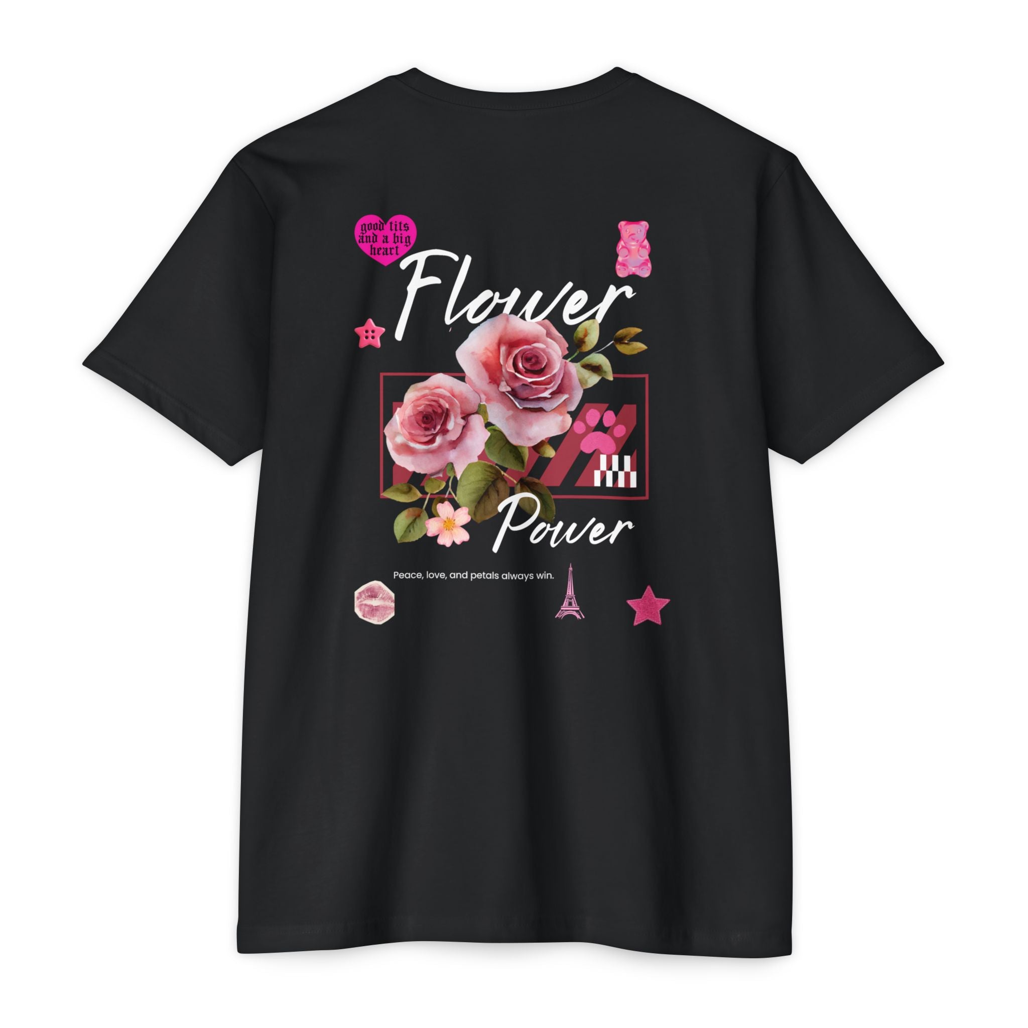 Flower Power T-Shirt — Floral Graphic Tee with Roses & 'Flower Power' Back Design