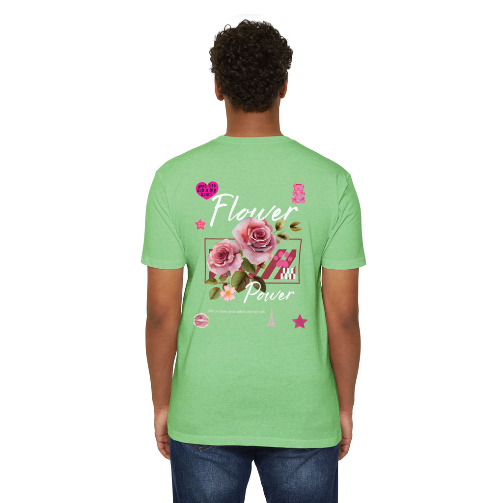 Flower Power T-Shirt — Floral Graphic Tee with Roses & 'Flower Power' Back Design
