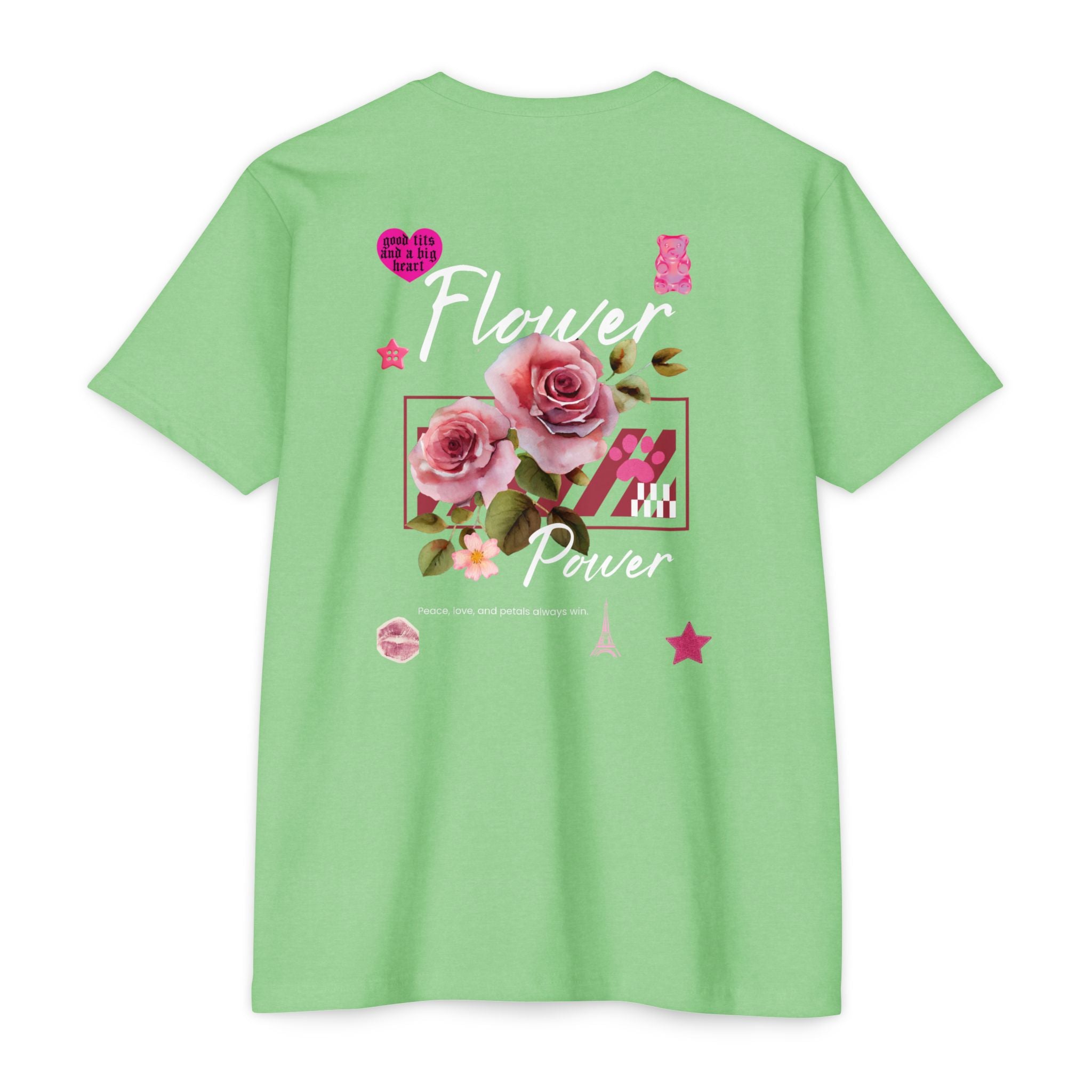 Flower Power T-Shirt — Floral Graphic Tee with Roses & 'Flower Power' Back Design